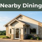 Roadside Jones Family Restaurant beneath a green Nearby Dining banner with Arkansas countryside in the background.