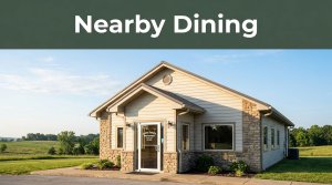 Roadside Jones Family Restaurant beneath a green Nearby Dining banner with Arkansas countryside in the background.