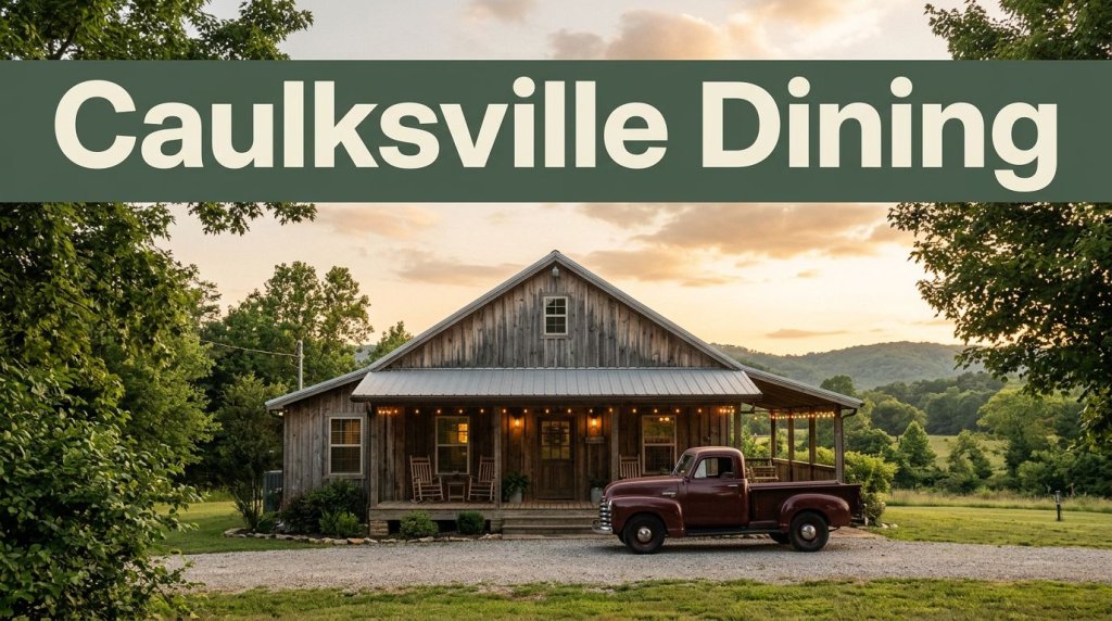 A rural restaurant with a porch, pickup truck, trees, and Ozark foothills at sunset.