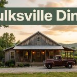 A rural restaurant with a porch, pickup truck, trees, and Ozark foothills at sunset.