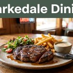 Grilled steak, fries, salad, and sauce on a rustic table with a blurred roadside background.