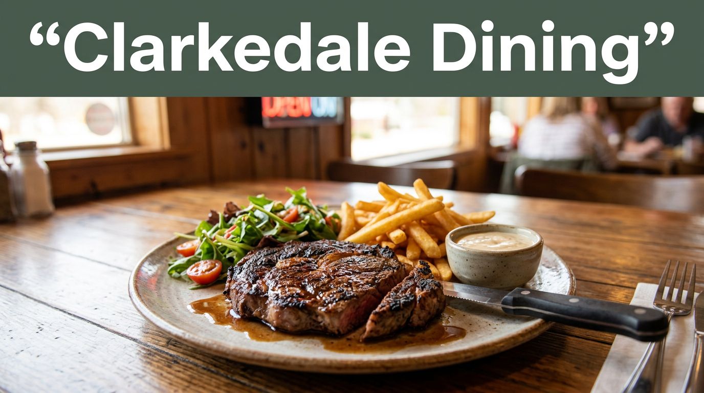 Grilled steak, fries, salad, and sauce on a rustic table with a blurred roadside background.