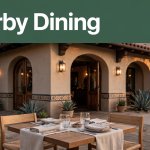 Restaurant exterior with an outdoor table, warm evening light, and a dark-green headline banner.