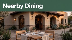 Restaurant exterior with an outdoor table, warm evening light, and a dark-green headline banner.