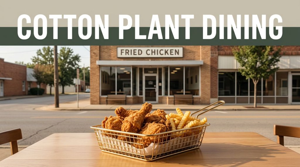 Fried chicken and sides sit on a wooden table outside a small-town Arkansas restaurant.