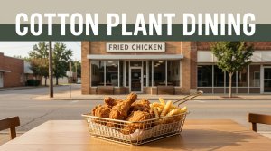Fried chicken and sides sit on a wooden table outside a small-town Arkansas restaurant.