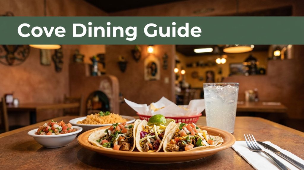 Tacos, rice, salsa, and a sparkling drink on a warmly lit restaurant table.