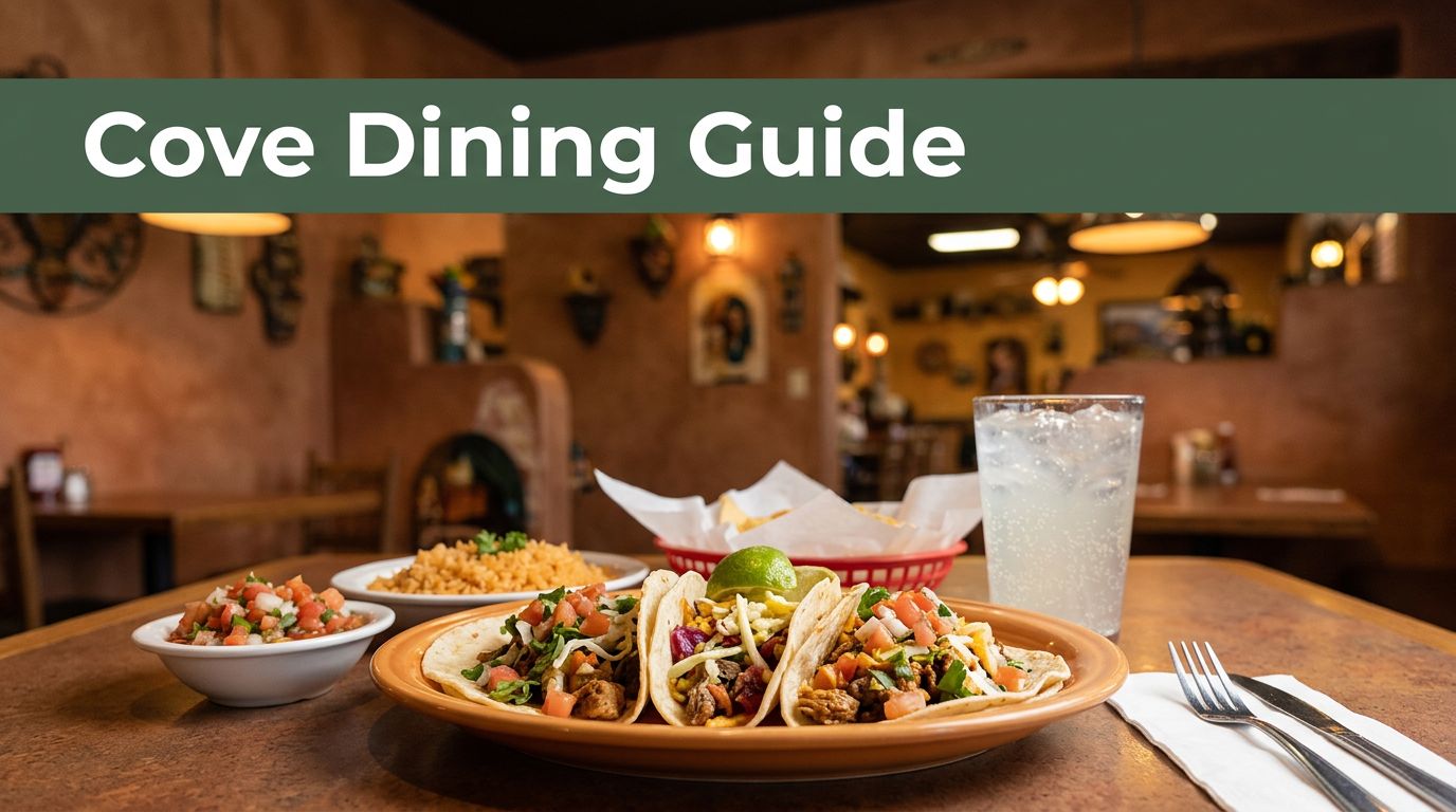 Tacos, rice, salsa, and a sparkling drink on a warmly lit restaurant table.