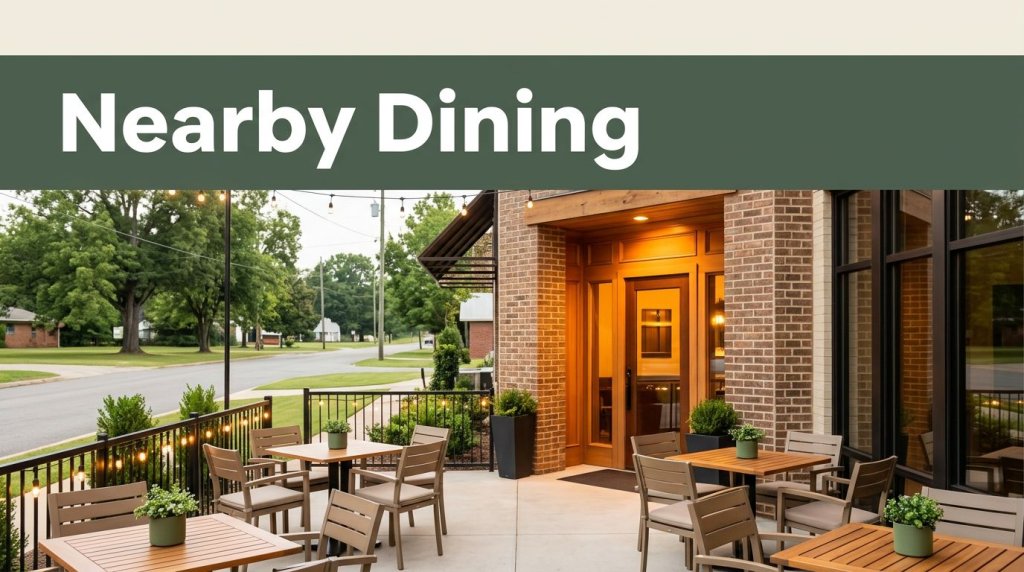 Warmly lit restaurant entrance with outdoor tables, greenery, and a Nearby Dining banner.