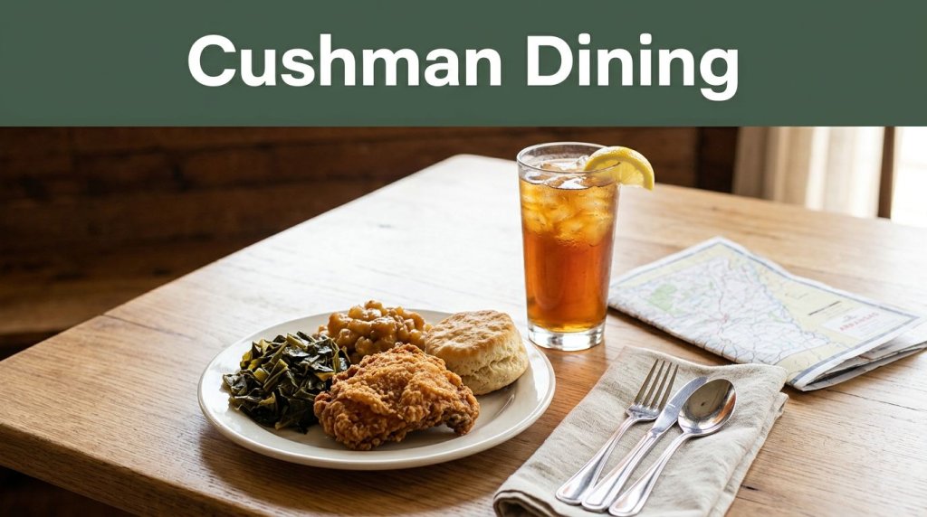 A Southern meal and iced tea sit on a rustic table beneath a Cushman Dining banner.