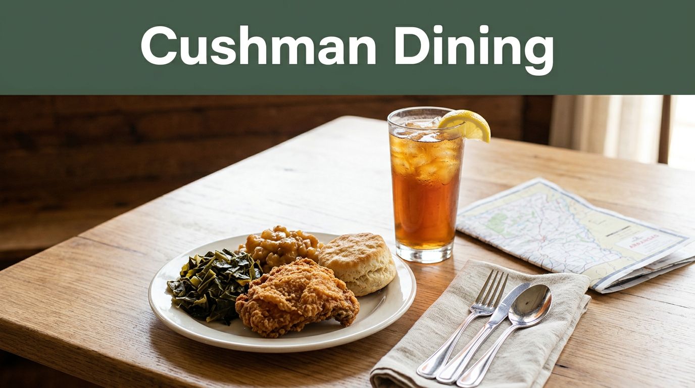 A Southern meal and iced tea sit on a rustic table beneath a Cushman Dining banner.