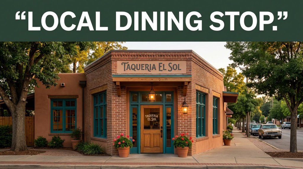 Cozy Mexican restaurant exterior in Damascus with warm lighting and a green “Local Dining Stop” banner.