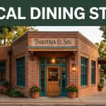 Cozy Mexican restaurant exterior in Damascus with warm lighting and a green “Local Dining Stop” banner.
