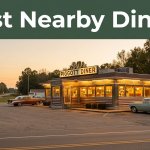 A warmly lit Arkansas diner beside a highway with classic cars at sunset.