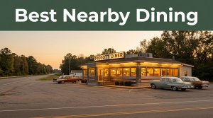 A warmly lit Arkansas diner beside a highway with classic cars at sunset.