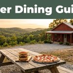 A red roadside station with a burger, pizza, and Ozark hills beneath a green banner.