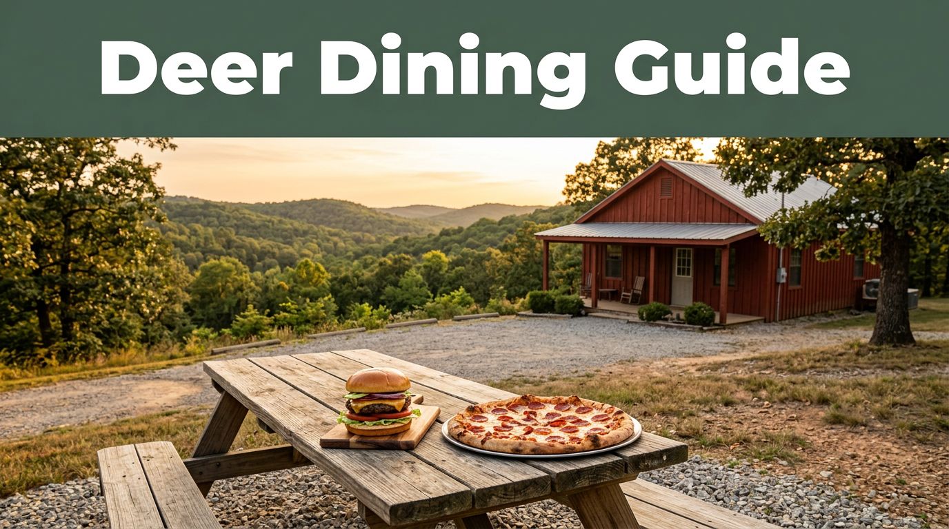 A red roadside station with a burger, pizza, and Ozark hills beneath a green banner.