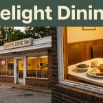 A small Arkansas diner with a plated meal visible through its window at sunset.