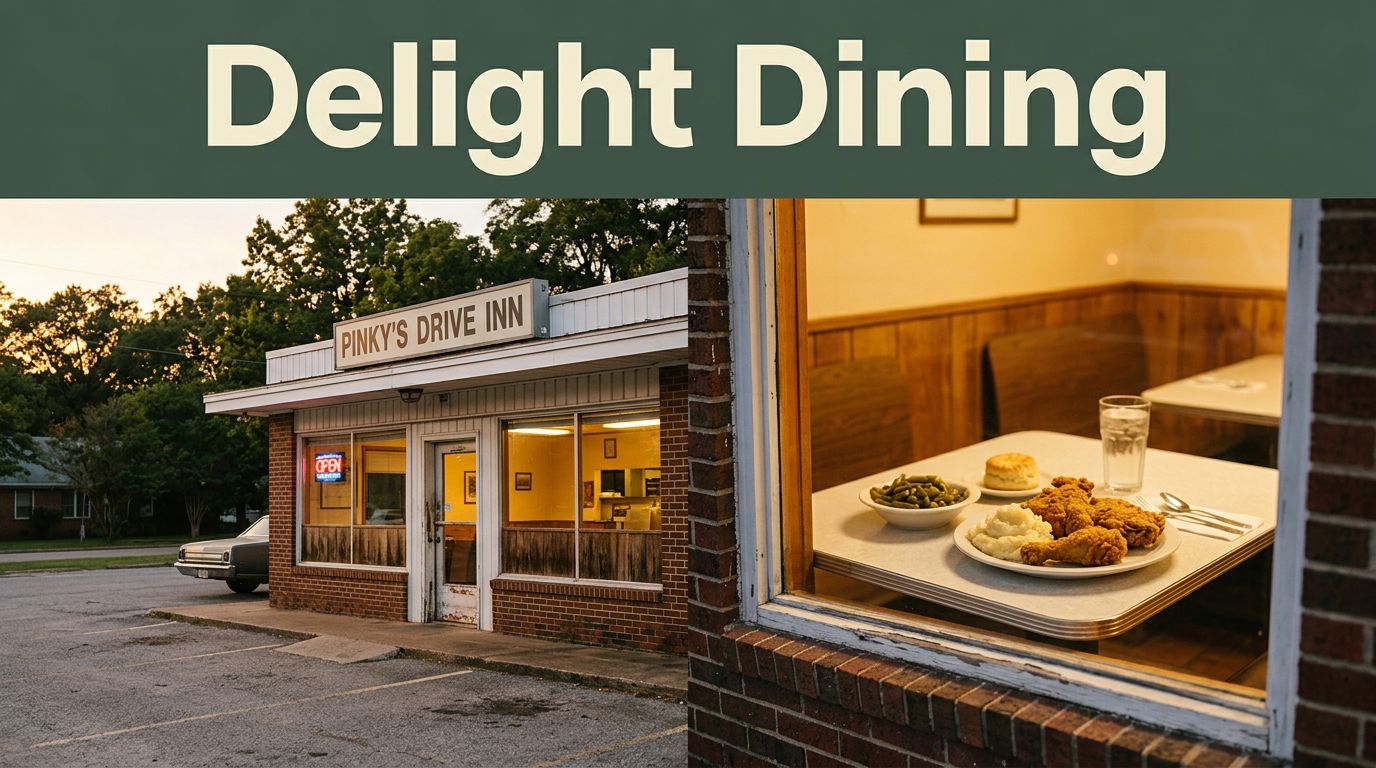 A small Arkansas diner with a plated meal visible through its window at sunset.
