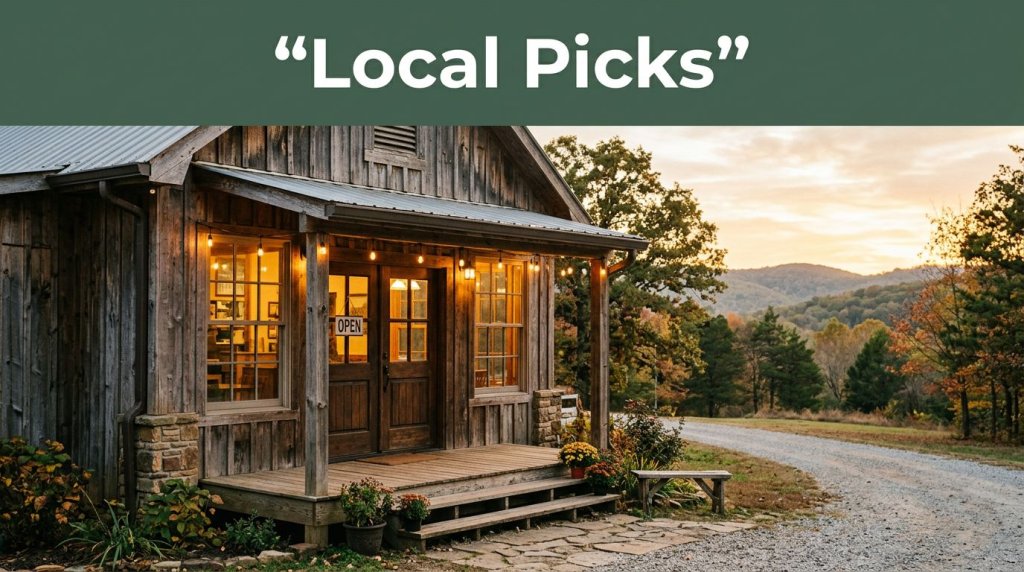 A cozy wooden café entrance glows beneath a Local Picks banner.
