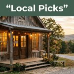 A cozy wooden café entrance glows beneath a Local Picks banner.