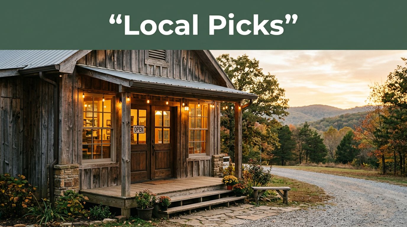 A cozy wooden café entrance glows beneath a Local Picks banner.