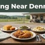 Southern food, a road map, and phone near a blurred Arkansas café.