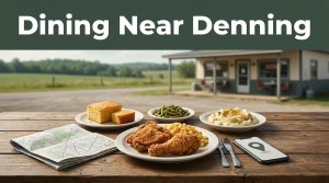 Southern food, a road map, and phone near a blurred Arkansas café.