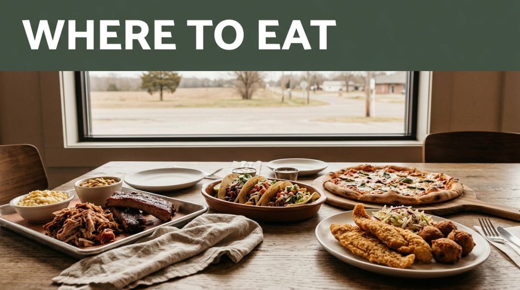 Tacos, pizza, catfish, and barbecue fill a warmly lit table beside an Arkansas road view.