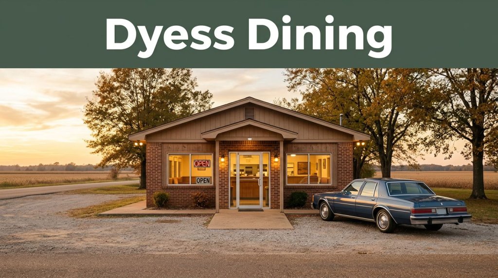 A roadside diner with warm windows, a parked car, and a green Dyess Dining headline band.