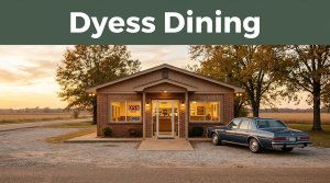 A roadside diner with warm windows, a parked car, and a green Dyess Dining headline band.