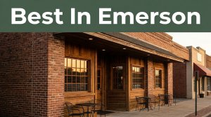 Rustic Arkansas steakhouse exterior with warm windows, outdoor seating, and a central entrance at sunset.