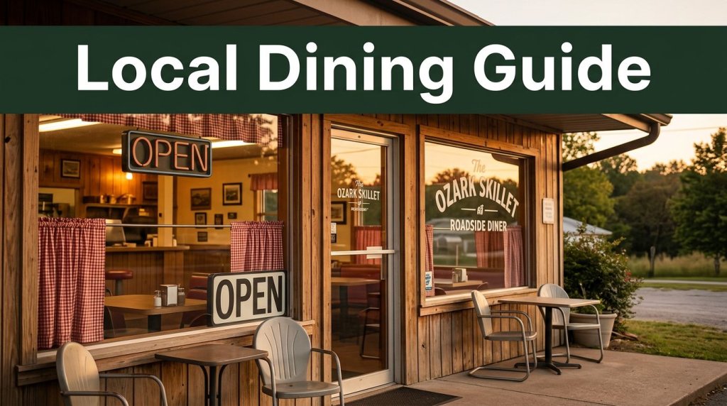 A cozy Arkansas diner entrance with outdoor seating and greenery at sunset.