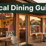 A cozy Arkansas diner entrance with outdoor seating and greenery at sunset.