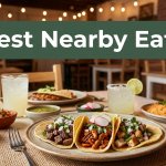 Tacos, salsa, rice, and a drink sit on a warmly lit restaurant table.