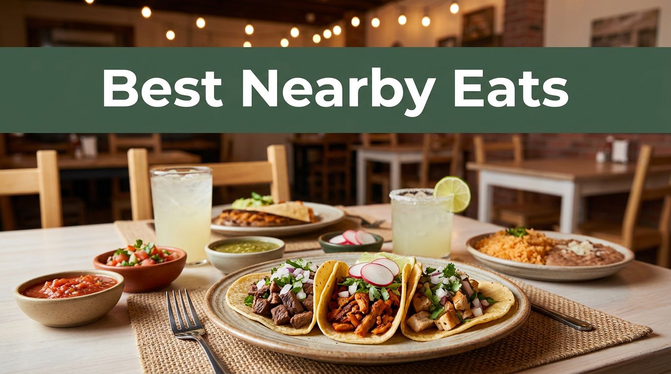 Tacos, salsa, rice, and a drink sit on a warmly lit restaurant table.