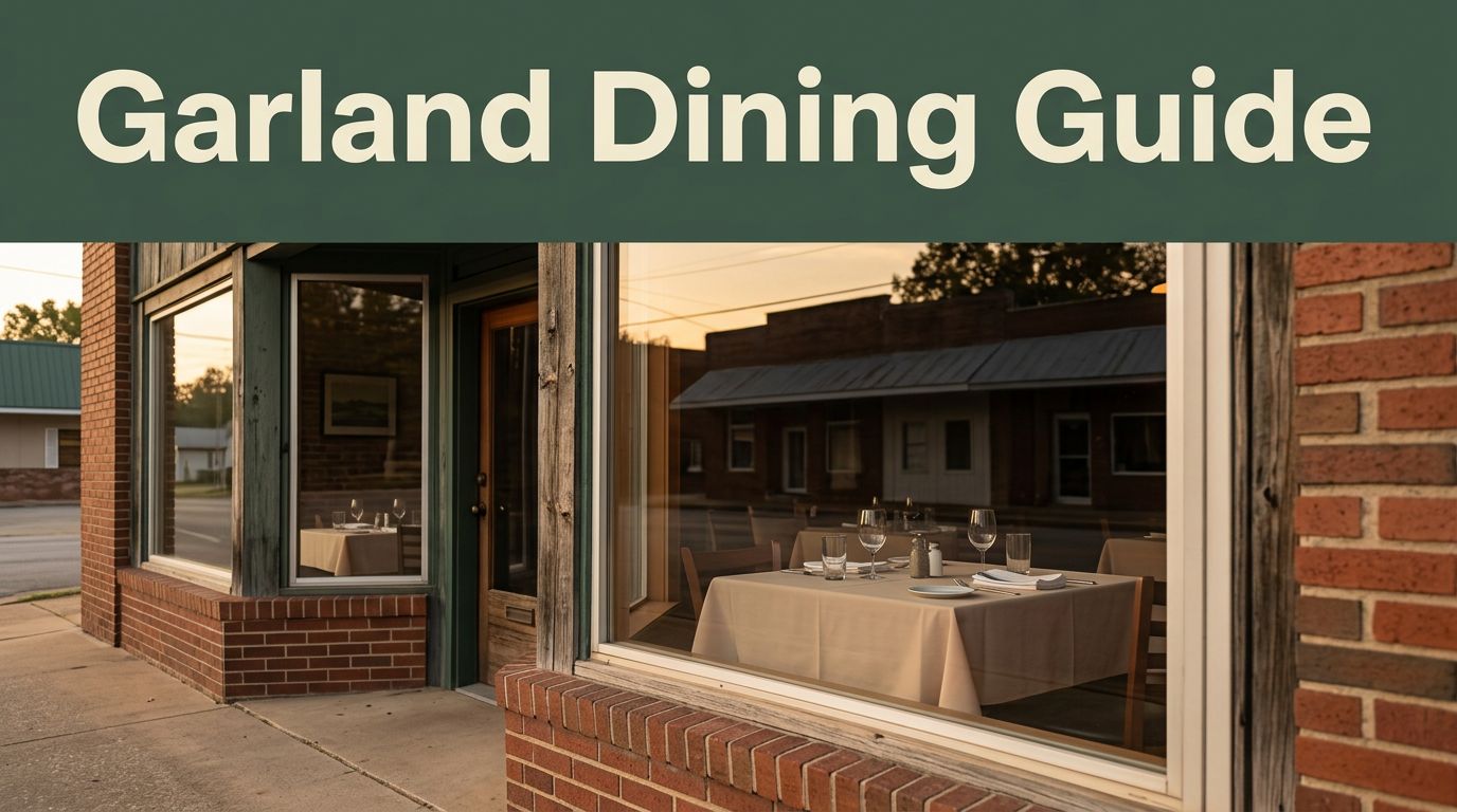 Small-town Arkansas restaurant with warm windows and a set table beneath a green dining guide banner.
