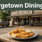 Rustic Arkansas restaurant with catfish, fries, lemon, and a vintage pickup truck.