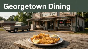 Rustic Arkansas restaurant with catfish, fries, lemon, and a vintage pickup truck.