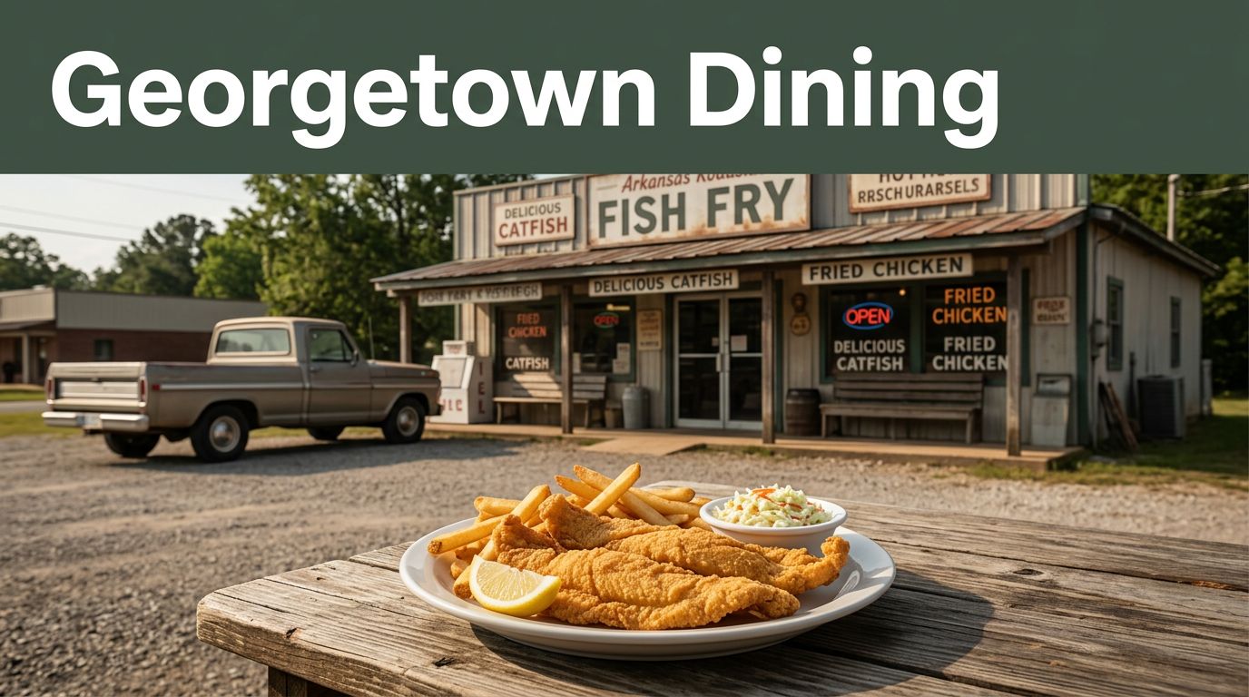 Rustic Arkansas restaurant with catfish, fries, lemon, and a vintage pickup truck.