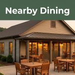 A small restaurant near Gillham Lake with outdoor tables and a green Nearby Dining banner.