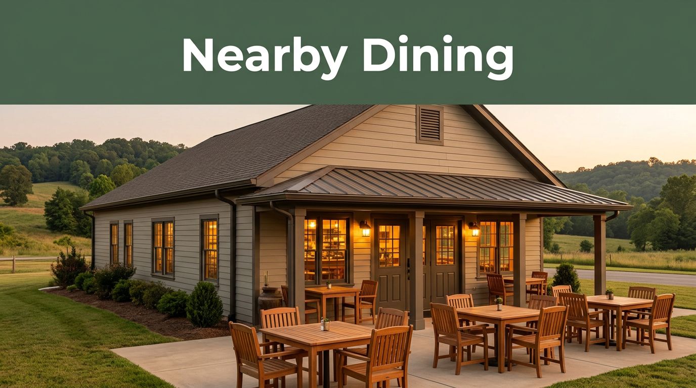 A small restaurant near Gillham Lake with outdoor tables and a green Nearby Dining banner.