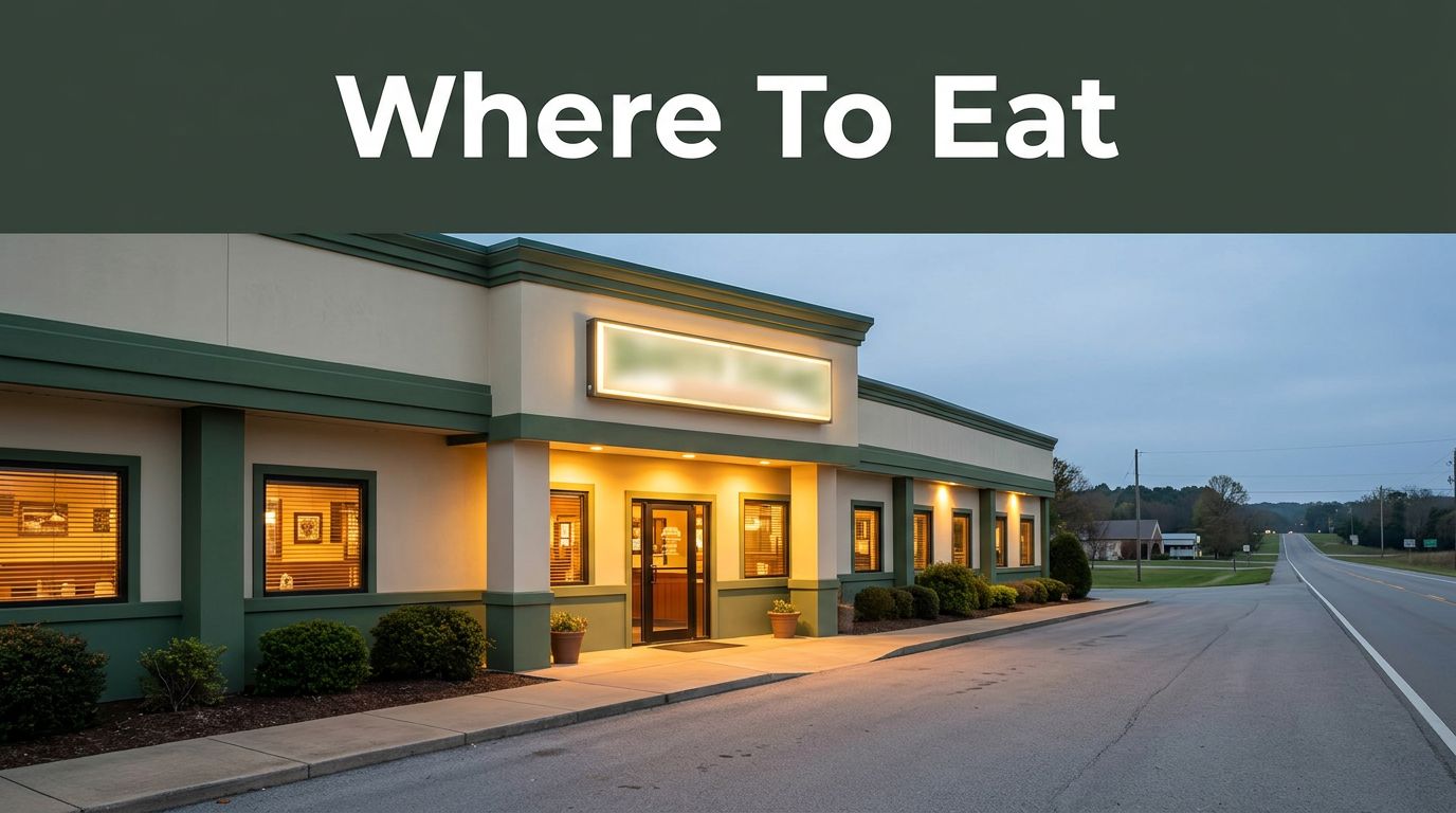A glowing roadside restaurant entrance beside a highway at dusk, with a green “Where To Eat” banner.