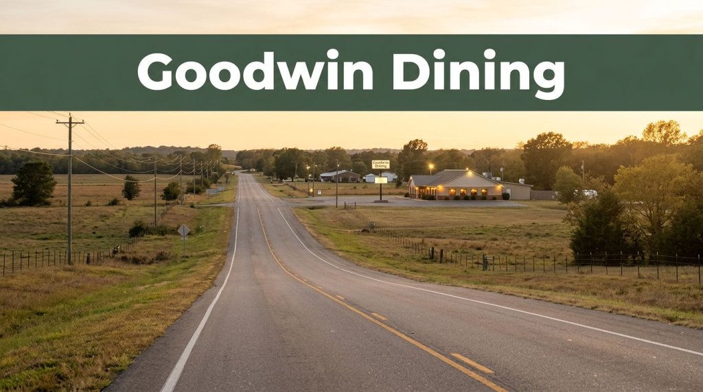 A rural Arkansas road leads toward a warmly lit restaurant at sunset.