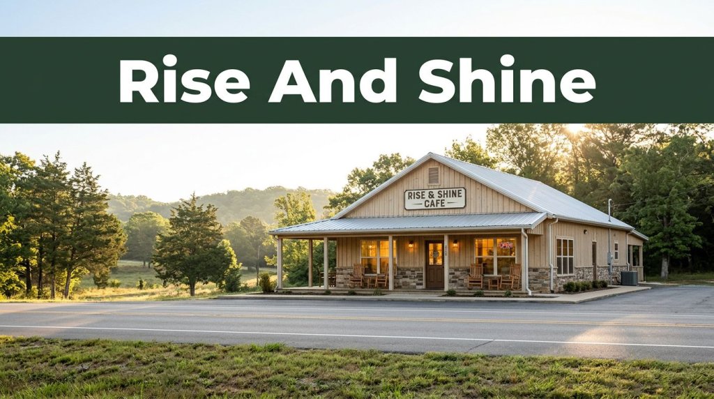 Roadside café in Grannis beneath a green Rise And Shine banner.