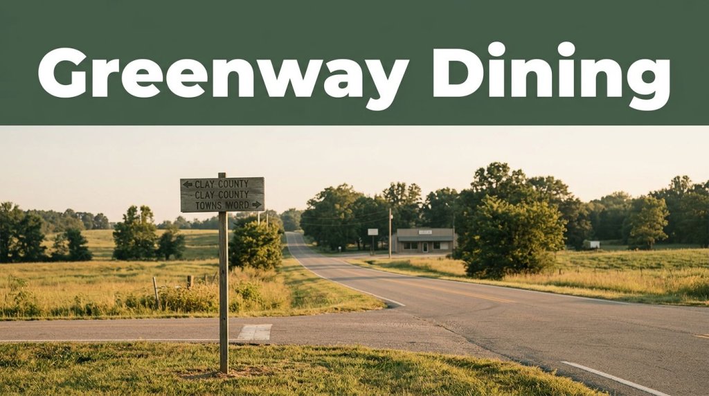 A rural Arkansas crossroads with a directional sign and distant café in morning light.