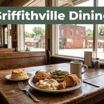 Southern comfort food and coffee on a rustic café table.