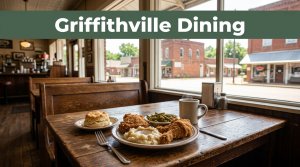 Southern comfort food and coffee on a rustic café table.