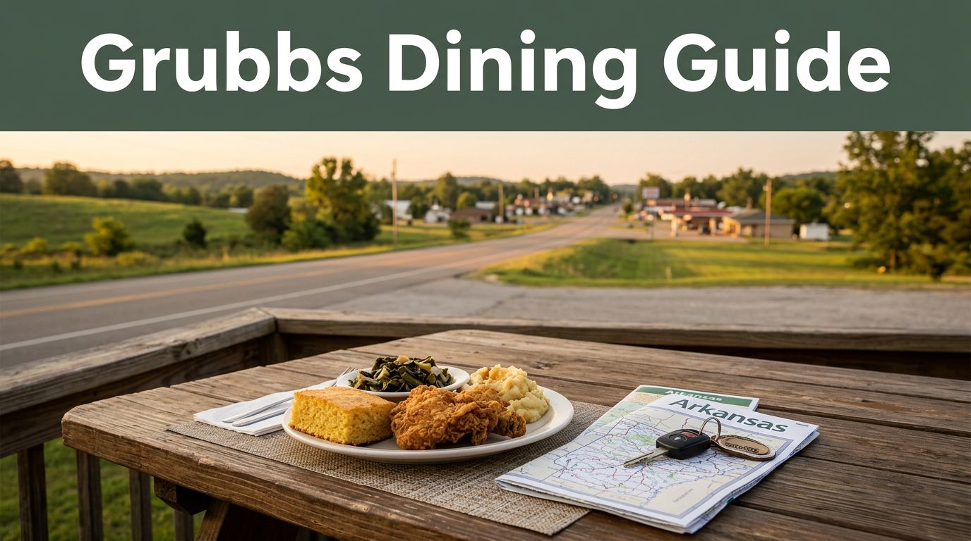 Southern meal, map, and car keys sit on a table beside a rural Arkansas highway.