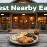 A roadside restaurant with a plated meal on a rustic table at dusk.